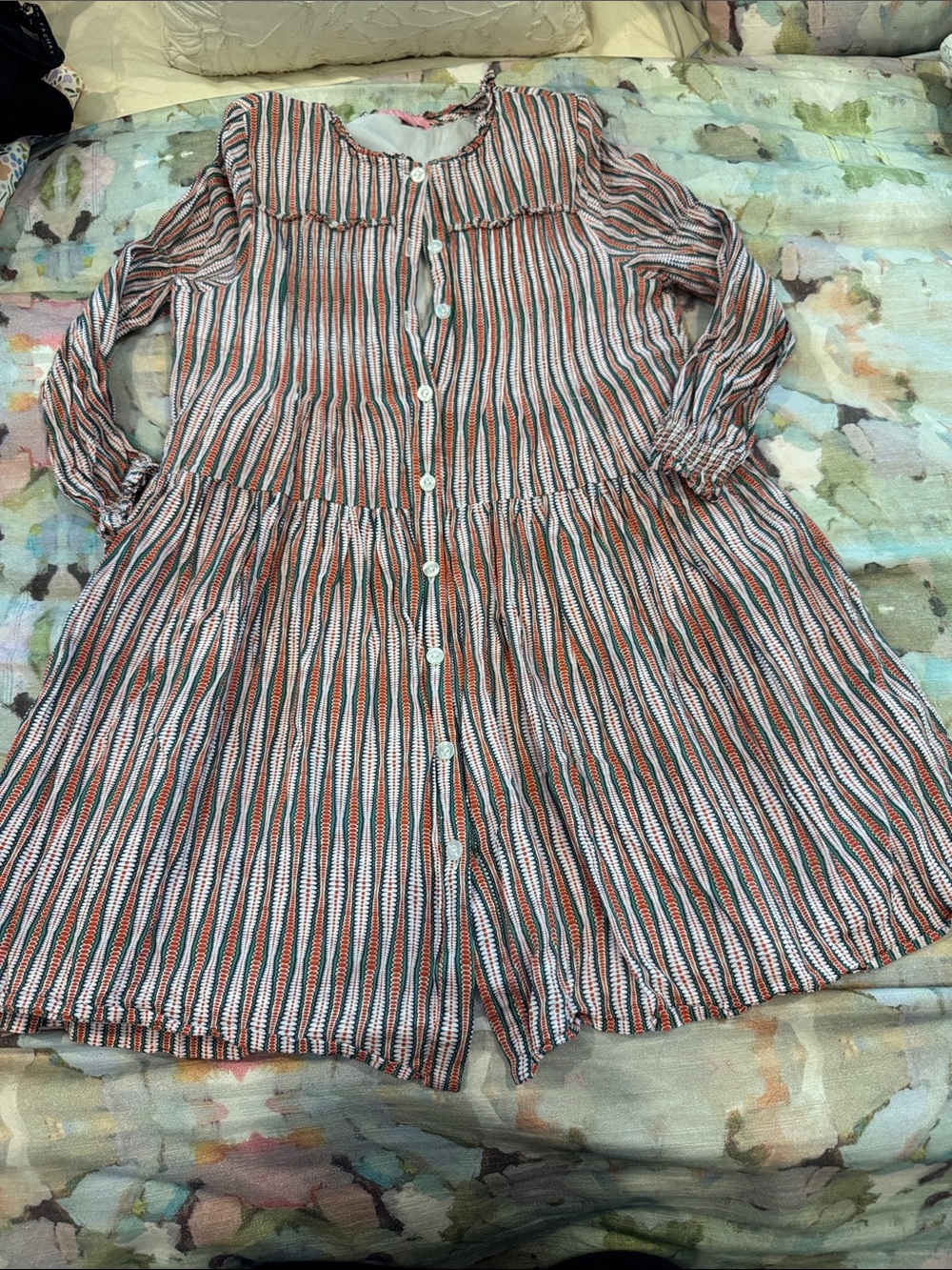 Bisby Striped Long-Sleeve Cotton Kids Dress - Orange, White & green